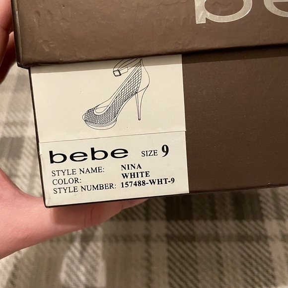 Bebe Woven White and Silver Open-Toe Platform Heels with Ankle Strap - Picture 5 of 5